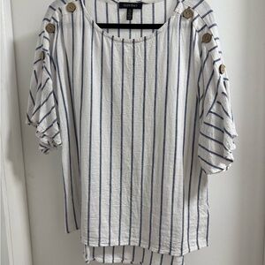 Ellen Tracy Navy and White Striped Blouse with Button Accents